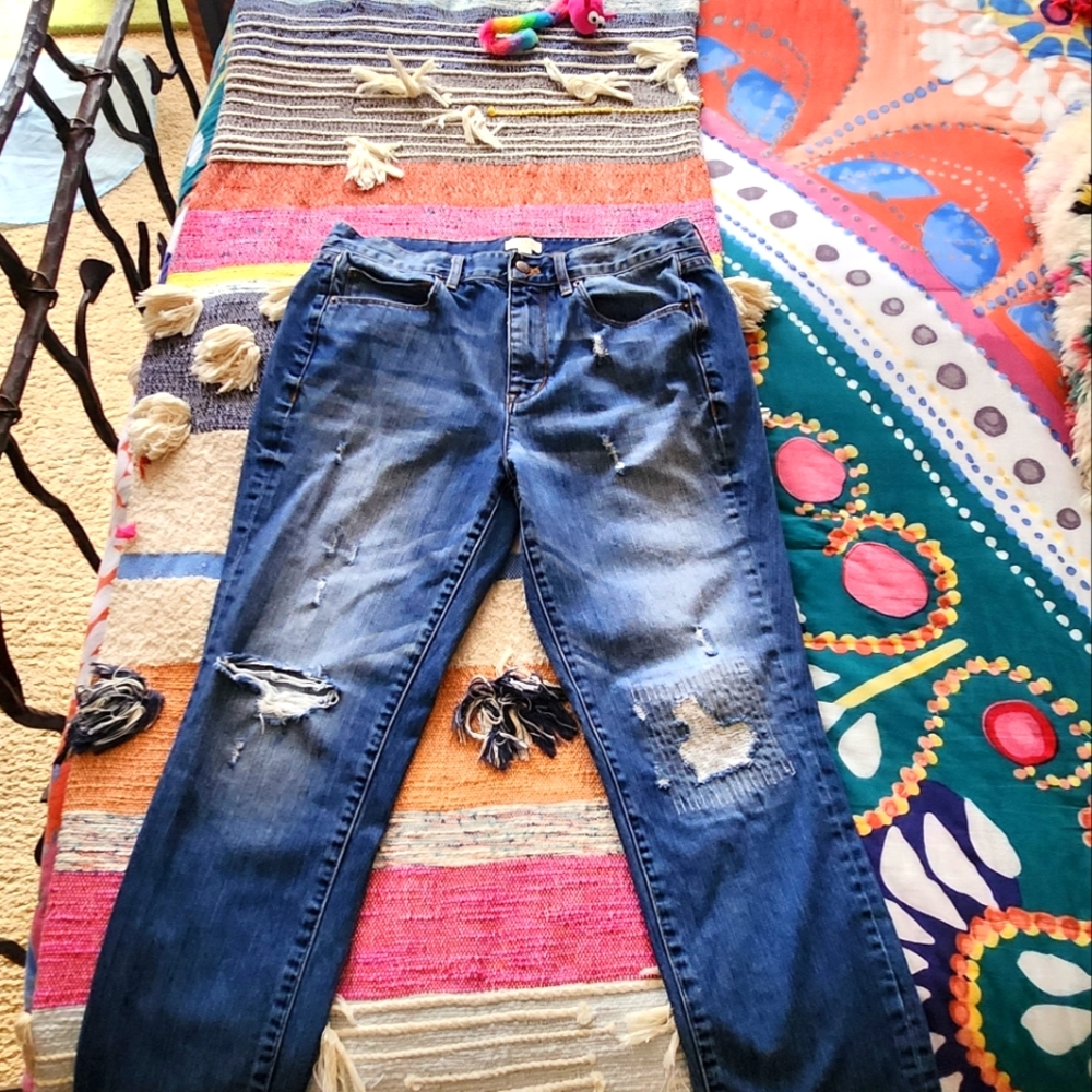J. Crew High-Rise Distressed Jeans in Dark Wash Blue